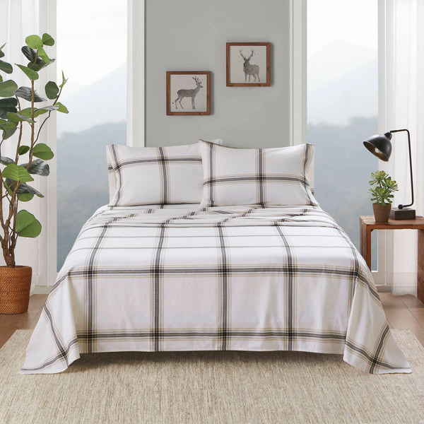 English Elm 3 Pcs Twin Sheet Set In Classic Tan Plaid - Soft Cotton Flannel For Cozy Comfort & Timeless Style B035P319776