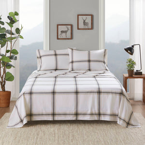 English Elm 4 Pcs Queen Sheet Set - Cozy Tan Plaid Cotton Flannel For Ultimate Comfort & Timeless Style B035P319778