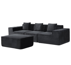 English Elm CozyForm Corduroy Convertible Sectional Sofa with Ottoman and Pillows, Modular L‑Shape Sleeper Comfort Black B2735S00031