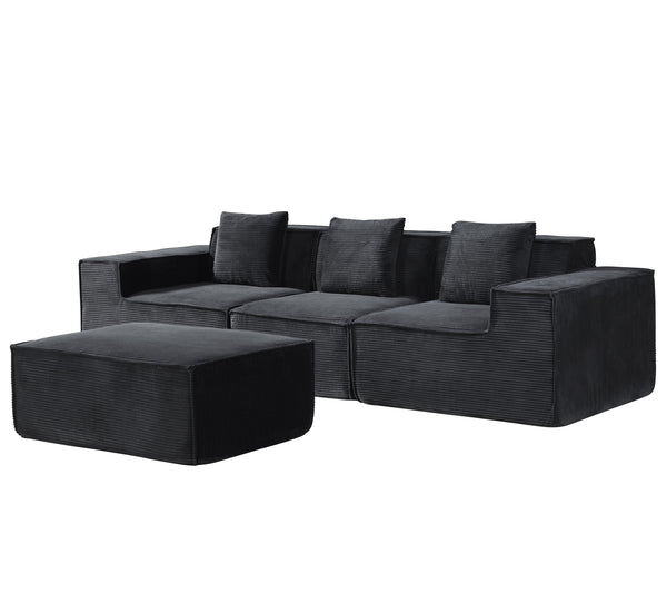 English Elm CozyForm Corduroy Convertible Sectional Sofa with Ottoman and Pillows, Modular L‑Shape Sleeper Comfort Black B2735S00031