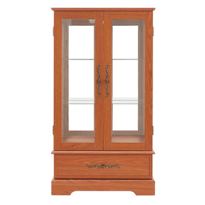English Elm Glass Lighted Curio Cabinet DARK OAK with Adjustable Glass Shelves, Vintage Handles, Bulb Included W2275P295883