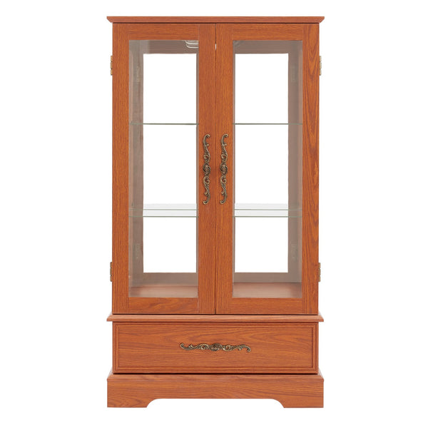 English Elm Glass Lighted Curio Cabinet DARK OAK with Adjustable Glass Shelves, Vintage Handles, Bulb Included W2275P295883