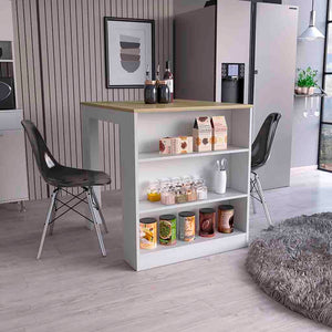 English Elm Kitchen Island Table With Two Legs And Three Open Shelves In White/Pine - Perfect For Small Spaces! B097S00133