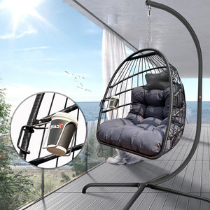 English Elm Swing Egg Chair with Stand - Foldable Wicker Rattan Hanging Basket, Safety Guardrail & Cup Holder Black W2707P184391