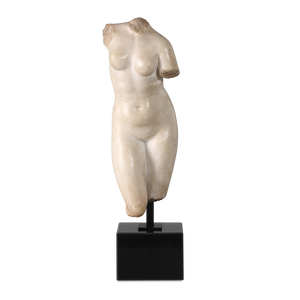 Goddess Venus Antique-Style Sculpture - Aged Beige Figural Art on Black Marble Base for Decor