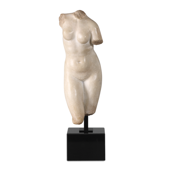 Goddess Venus Antique-Style Sculpture - Aged Beige Figural Art on Black Marble Base for Decor