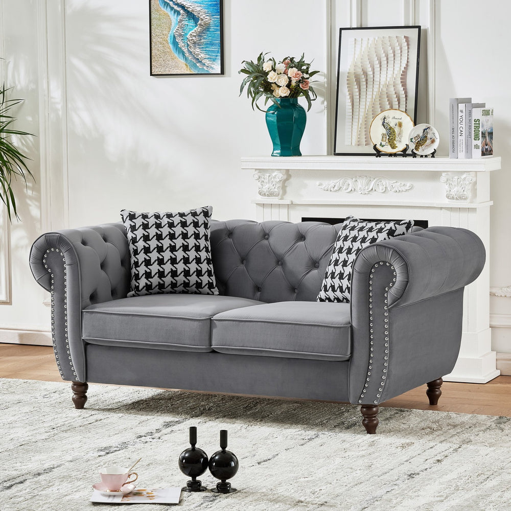 English Elm 67"Chesterfield Velvet 2-Seater Sofa with Nailhead Trim, Roll Arms, Hardwood Frame, Luxurious Comfort Grey W3373S00012