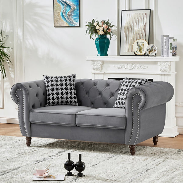 English Elm 65"chesterfield Velvet Tufted Sofa with Nailhead Trim Mid Century Two Seat Couch Grey W3373S00062