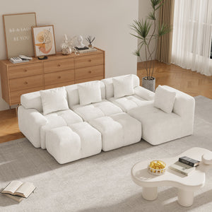 English Elm 135.4" 6-Piece U-Shaped Sleeper Modular Sectional Sofa Bed with Chaise, Tufted Fuzzy Fabric, 6-Seater Comfort Ivory W3118S00022