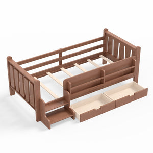 English Elm Twin Pine Floor Bed with Guardrails Built-in Bookcases and Stair Steps for Kids Natural W1580P430200