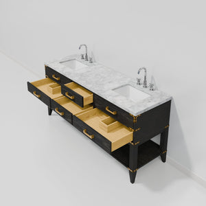 English Elm Black Oak Double Bath Vanity With Carrara Marble Top & Chrome Faucet Set - Stylish Storage Solution! B2731P261049