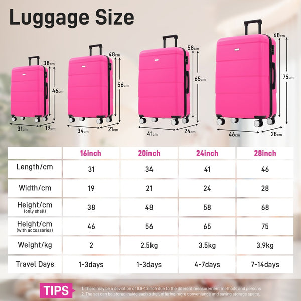 English Elm 6 Piece Hardshell Abs Travel Set with Spinner Wheels Combination Lock and Toiletry Bag Pink N732P391314H