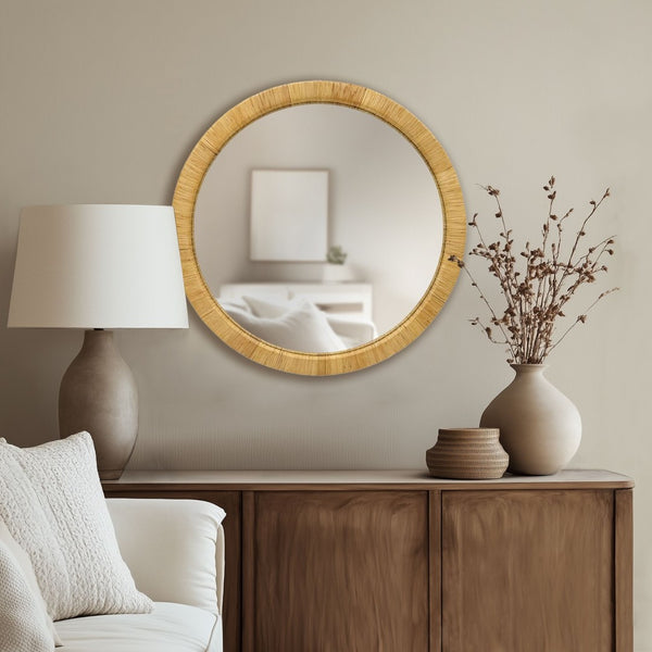 English Elm 36" Woven Rattan Round Wall Mirror Bohemian Organic Texture for Living Room or Entryway B035P437550