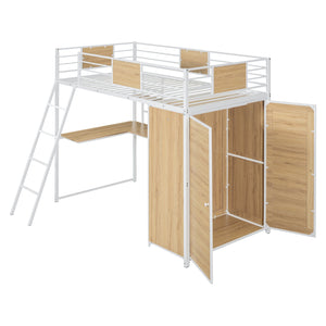 English Elm Twin Loft Bed with L-Shaped Desk and Wardrobe — Space-Saving Iron & Wood Design for Study & Storage White SF000168AAK
