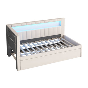 English Elm Upholstered Twin Platform Bed with Trundle, Linen Backrest, Built-In USB Ports & LED Accent Lighting White DL001919AAK