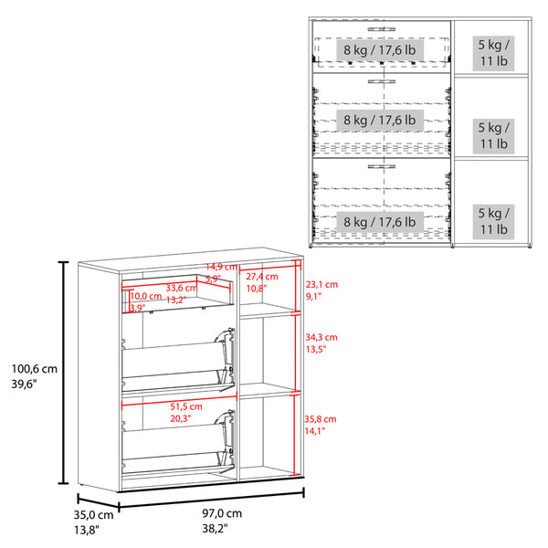 English Elm Showie 3-Door Shoe Rack in Walnut Finish with Adjustable Shelves, Drawer & Side Storage for Entryway B200P363786