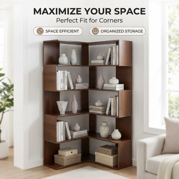 English Elm 6 Tier Corner Bookcase Tall L Shaped Walnut Mdf Open Shelving Unit for Home Office W3204P442028