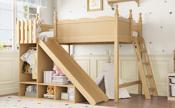 English Elm Twin Loft Bed Solid Pine Frame with Wardrobe Shelving Detachable Slide Kids Room Natural W5305S00017