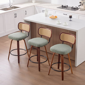 English Elm Set of 2 Swivel Counter Stools Walnut Frame Rattan Back Linen Seat Kitchen Island Light Green W1143P392164