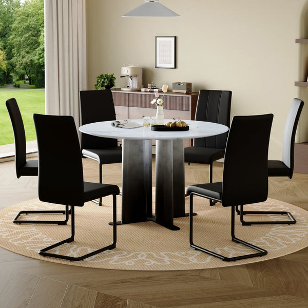English Elm Modern Round Faux Marble Seven Piece Dining Set with Pu Upholstered Cantilever Chairs W3875S00071