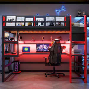 English Elm Full Size Gaming Loft Bed with Rgb Lights Wraparound Shelves and Built-in Usb Ports Red LT000299AAJ