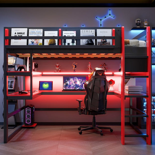 English Elm Full Size Gaming Loft Bed with Rgb Lights Wraparound Shelves and Built-in Usb Ports Red LT000299AAJ