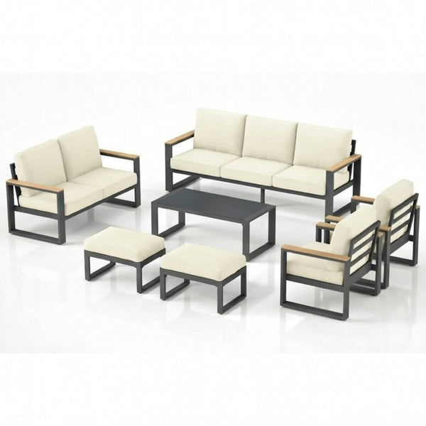 English Elm All-weather 9 Seat Aluminum Patio Conversation Set with Tempered Glass Table Beige+Grey B082S00114