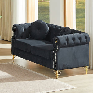 English Elm 60.5-inch Crushed Velvet Chesterfield Sofa Tufted Button Design with Copper Stud Trim Black W834S00622