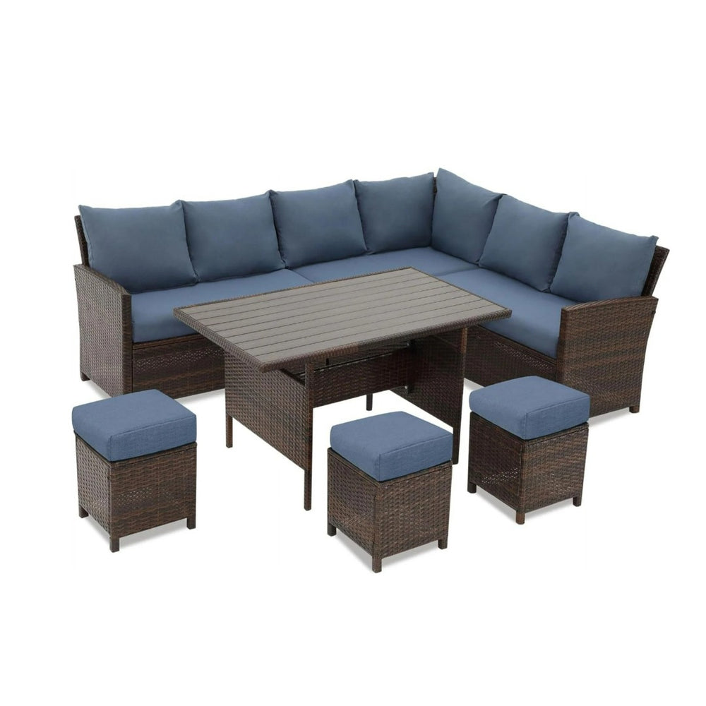English Elm 7 Piece Outdoor Wicker Dining Set Modular Sectional Sofa Ottomans and Patio Table Blue+Brown B082S00076