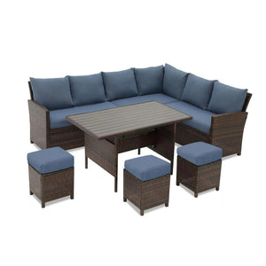 English Elm 7 Piece Outdoor Wicker Dining Set Modular Sectional Sofa Ottomans and Patio Table Blue+Brown B082S00076