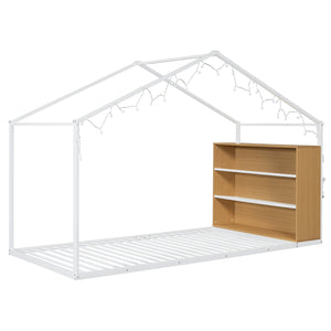 English Elm Twin House Bed Frame with Shelves & Built-In Lights, Metal-Wood Design for Creative Kids' Rooms White N737P176708K