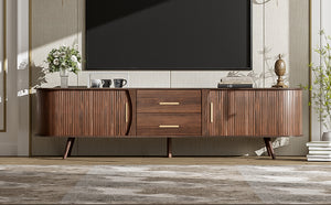 English Elm Mid-Century Solid Wood TV Stand for 80" TVs – Waterproof Finish, Sliding Doors & 2 Drawers Storage N710P257611P