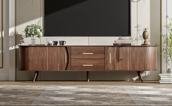 English Elm Mid-Century Solid Wood TV Stand for 80" TVs – Waterproof Finish, Sliding Doors & 2 Drawers Storage N710P257611P