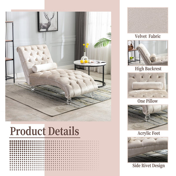 English Elm Velvet Curved Chaise Lounge Sofa with Button-Tufted Upholstery, Plush Foam Seat and Acrylic Legs Beige W39538682