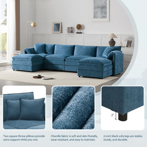 English Elm [new U-shaped Chenille Cloud Sectional 6 Seat Modular Sofa with Movable Ottoman Blue N723S6546C