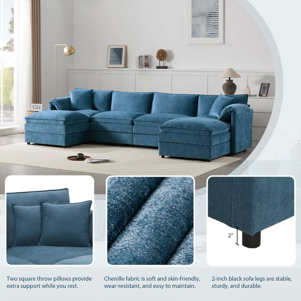English Elm [new U-shaped Chenille Cloud Sectional 6 Seat Modular Sofa with Movable Ottoman Blue N723S6546C
