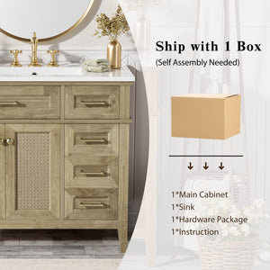 English Elm 36" Light Oak Bathroom Vanity with Ceramic Sink, Rattan Accents, Soft-Close Doors & Spacious Drawers N729P208125O