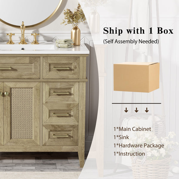 English Elm 36" Light Oak Bathroom Vanity with Ceramic Sink, Rattan Accents, Soft-Close Doors & Spacious Drawers N729P208125O