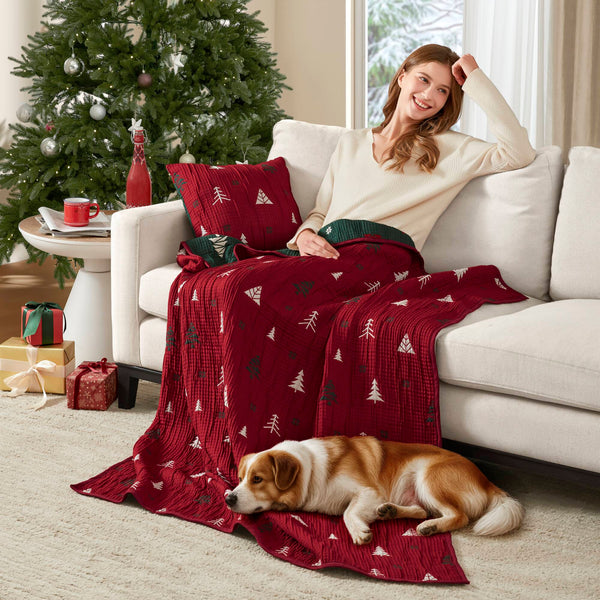 English Elm Winter 50x60" Throw Set Red — Matelassé Cozy Throw & 16" Decorative Pillow, Soft Polyester Blend B035P381284