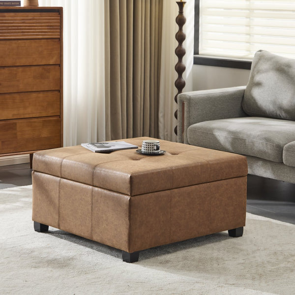 English Elm Christopher Knight Home® - 35" Square Brown Faux Leather Storage Ottoman with Waffle-Tufted Lid, Lift-Top Hidden Storage Bench N767P328949C