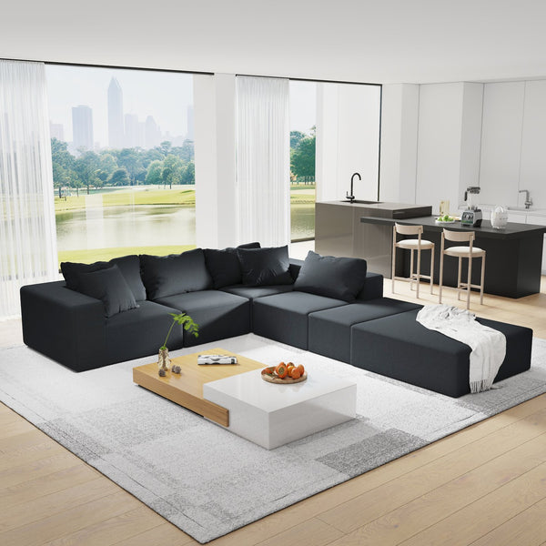 English Elm Modern Upholstered Sectional Sofa Set, Modular 132" L-Shaped Chenille Couch, No Assembly, Plush Comfort and Versatile Configuration Black W834S00374