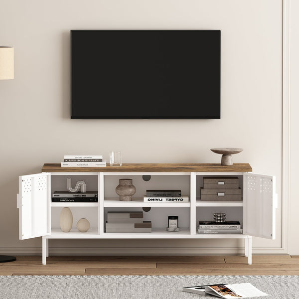 English Elm Landen 47" Metal Storage Cabinet with Wood Top and Cable Management — Sleek Industrial TV Console, Adjustable Legs White B365P397849