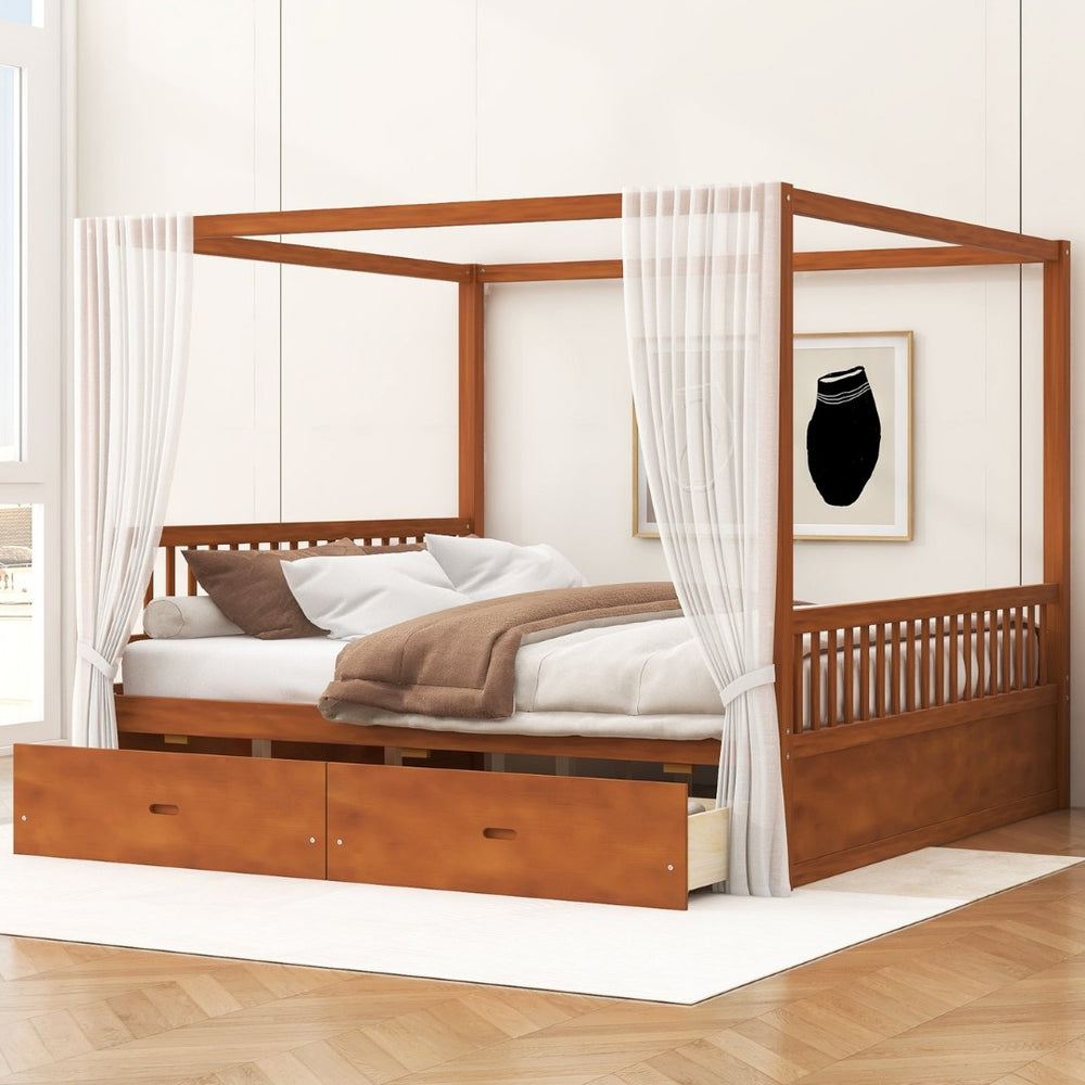 English Elm Wooden Canopy Queen Bed Solid Frame with Built-in Storage Drawers Slatted Base Walnut N7090005037L