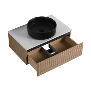 English Elm 30'' Floating Wall Mounted Vanity Hand Painted Ceramic Vessel Sink Soft Close Drawer W999S00360