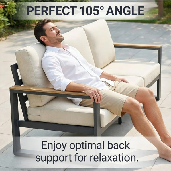 English Elm All-weather Aluminum Patio Conversation Set with Deep Cushions and Tempered Glass Table Beige+Grey B082S00117