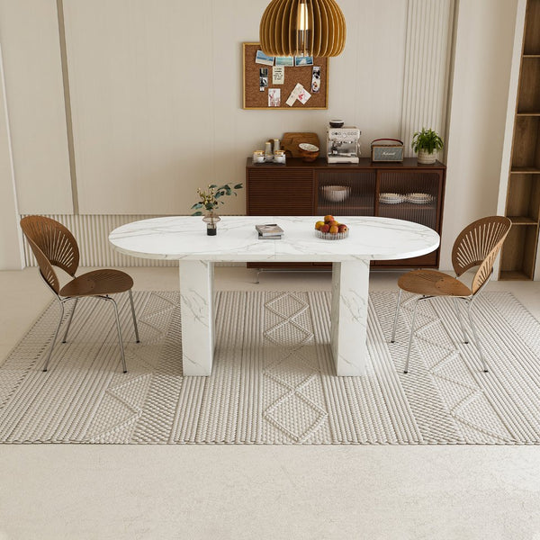 English Elm 62.9 Oval Dining Table for 6, White Marble MDF Top with Wood Strip Base, Waterproof Scratch-Resistants W2700P340890