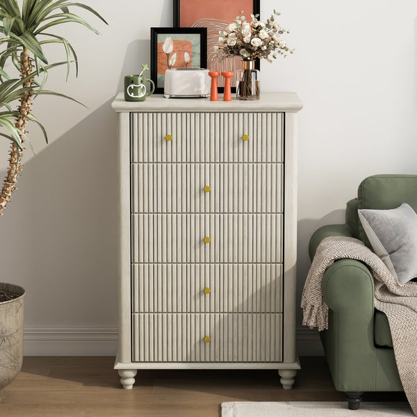 English Elm Fluted Mid-Century 5-Drawer Dresser with Metal Handles — Stylish Vertical Grooves, Sturdy Storage Solution Beige 42.32 L x 21.06 W x 11.81 H W1716P330709