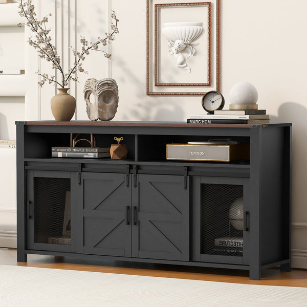 English Elm U_STYLE Farmhouse 59.3" Sideboard with Sliding Barn Doors, Mesh Panels, Open Shelves & Sturdy Top Black N711P347388B