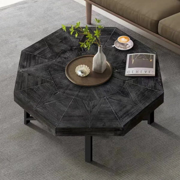 English Elm Wood Octagonal Vintage Patchwork Craft Farmhouse 30-Inch Wooden Table Top with Cross Metal Legs, Stylish Living Room Centerpiece Antique Black W1445P193123