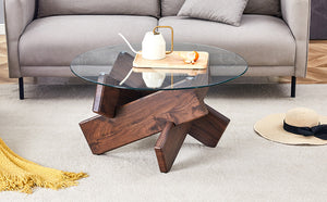 English Elm Round glass coffee table with tempered clear top, walnut MDF legs, adjustable anti-slip feet, modern centerpiece W1151P230572